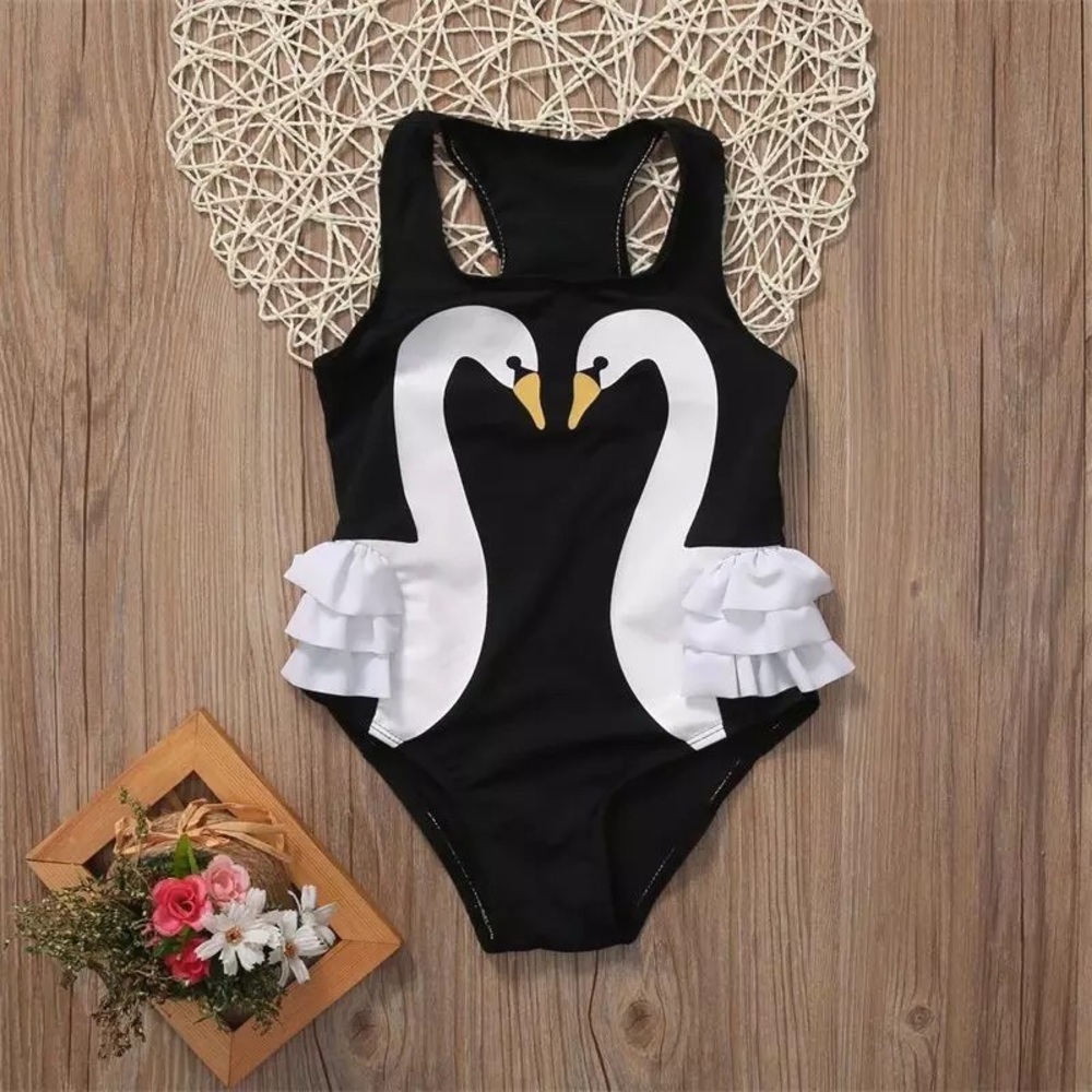 Swimsuit black with white swan